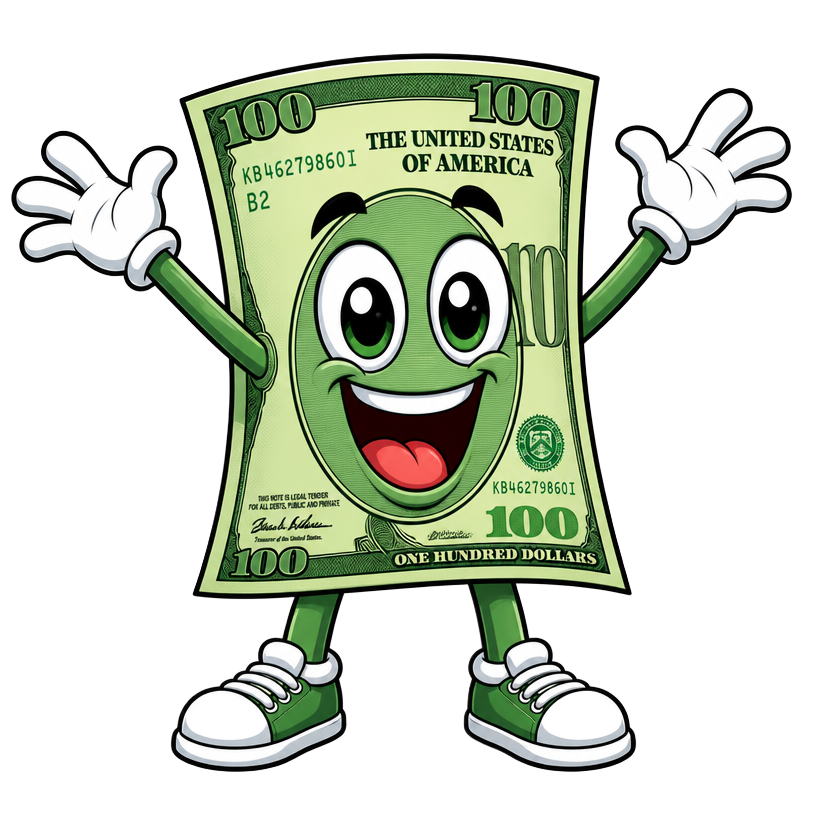 The OH BOY! hundred-dollar-bill mascot